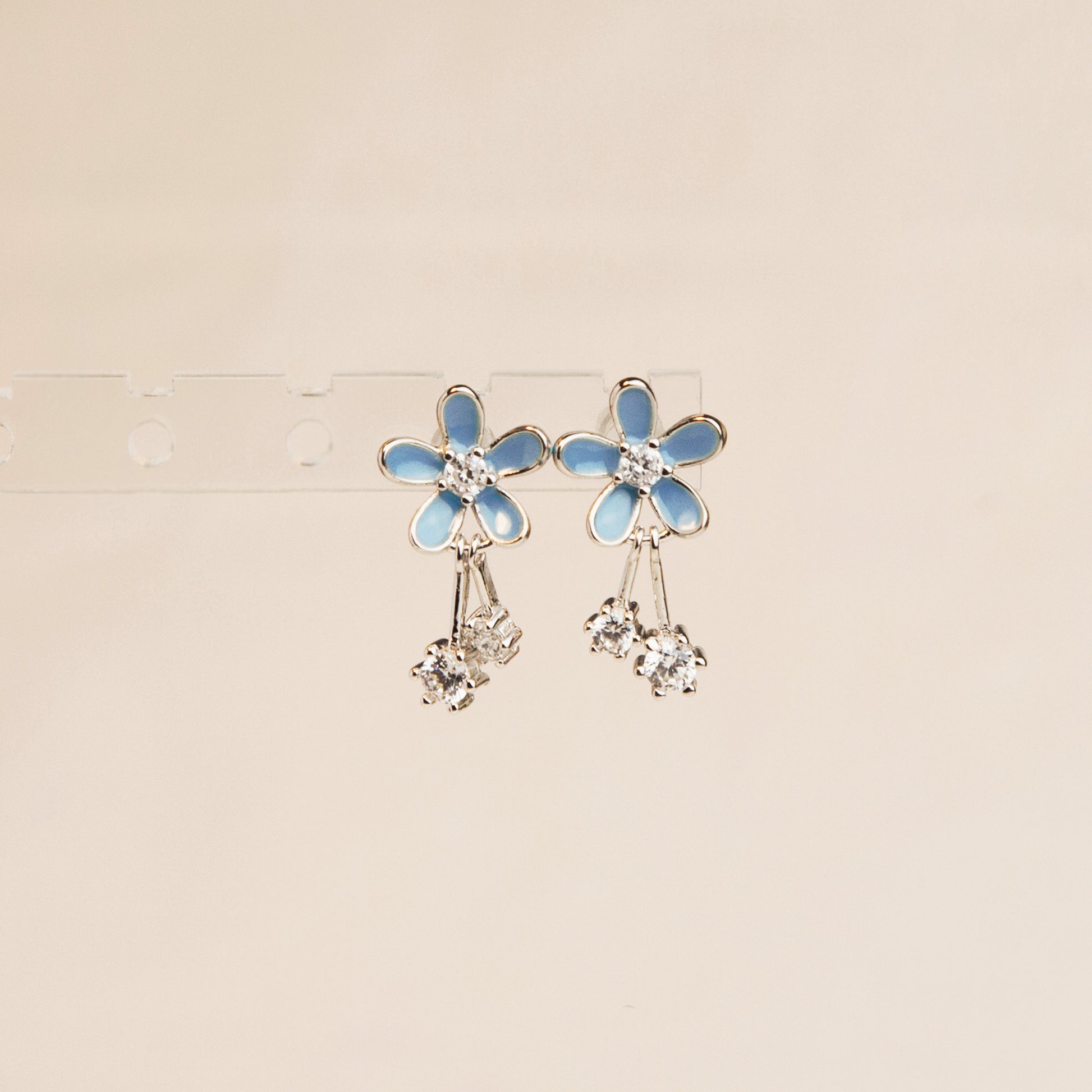 Sterling Silver Blue Flower Dangle Drop Earrings, Dainty Cherry Blossoms Earrings, Light Blue Sparkly Crystals Earring, Gift for her