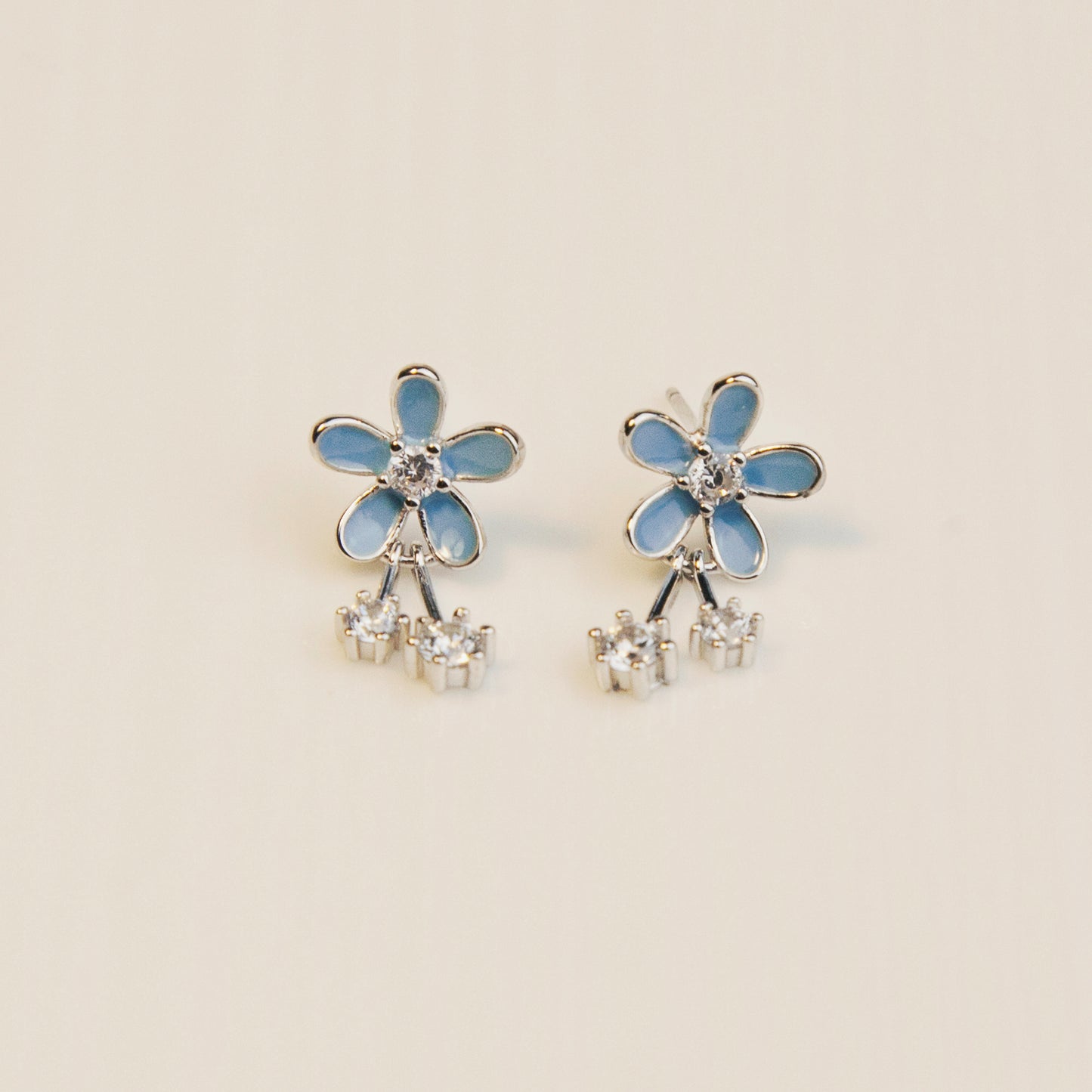 Sterling Silver Blue Flower Dangle Drop Earrings, Dainty Cherry Blossoms Earrings, Light Blue Sparkly Crystals Earring, Gift for her