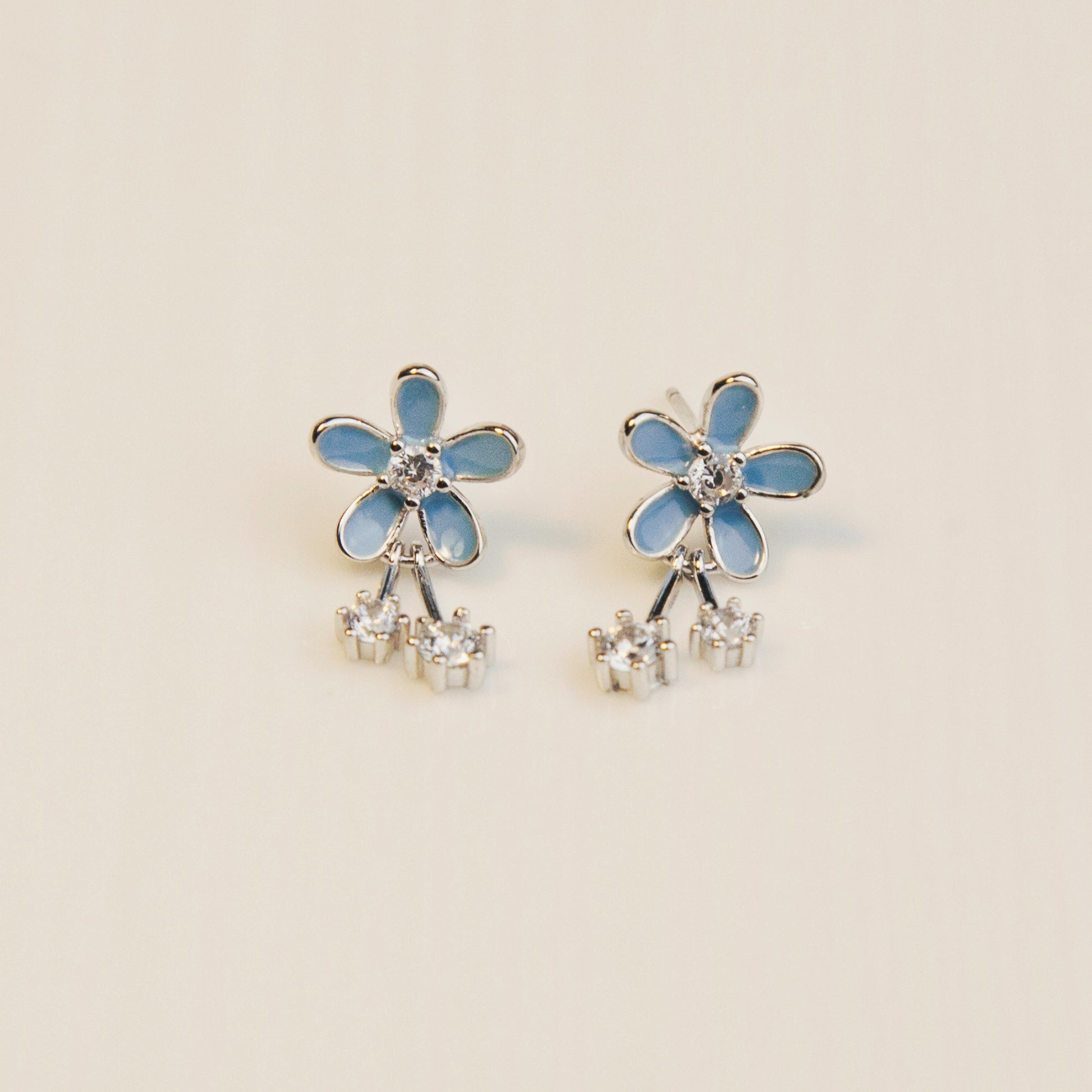 Sterling Silver Blue Flower Dangle Drop Earrings, Dainty Cherry Blossoms Earrings, Light Blue Sparkly Crystals Earring, Gift for her