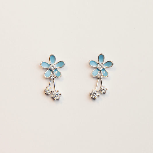 Sterling Silver Blue Flower Dangle Drop Earrings, Dainty Cherry Blossoms Earrings, Light Blue Sparkly Crystals Earring, Gift for her