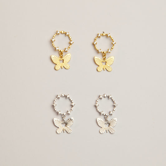 Sterling Silver Butterfly Dangle Drop Earrings, Delicate Butterfly Open Circle Earrings, Gold or Silver Butterfly CZ Crystal Wreath Earrings