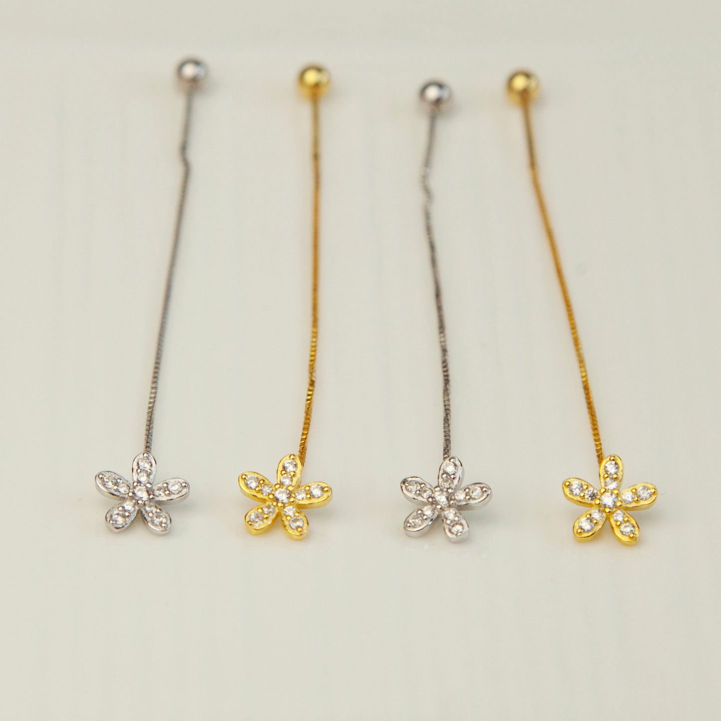 Sterling Silver Cute Small Five-Petaled Flower Threader Earrings with Tiny Pave Diamonds and Secure Screw Back, CZ Crystal Flower Threader Earrings, Cherry Flower Bauhinia Threader Earrings