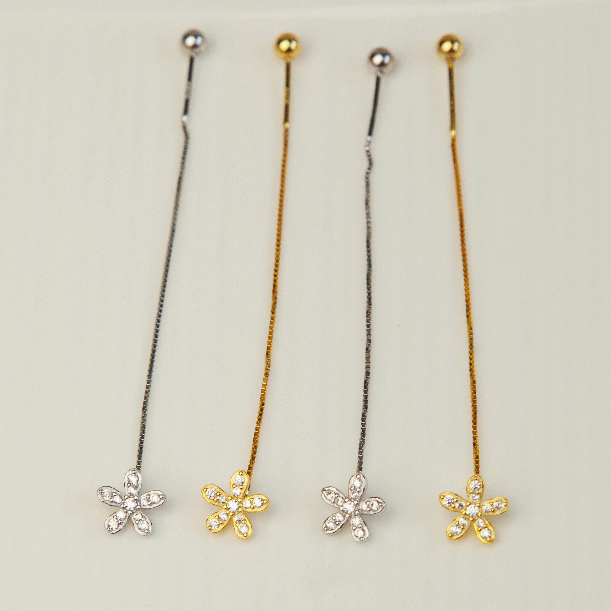 Sterling Silver Cute Small Five-Petaled Flower Threader Earrings with Tiny Pave Diamonds and Secure Screw Back, CZ Crystal Flower Threader Earrings, Cherry Flower Bauhinia Threader Earrings