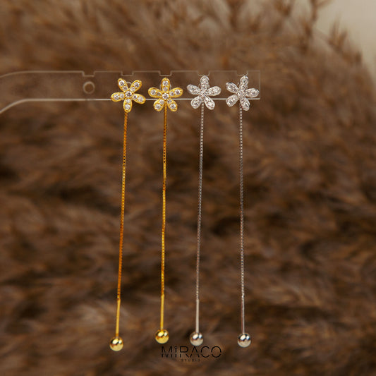 Sterling Silver Cute Small Five-Petaled Flower Threader Earrings with Tiny Pave Diamonds and Secure Screw Back, CZ Crystal Flower Threader Earrings, Cherry Flower Bauhinia Threader Earrings