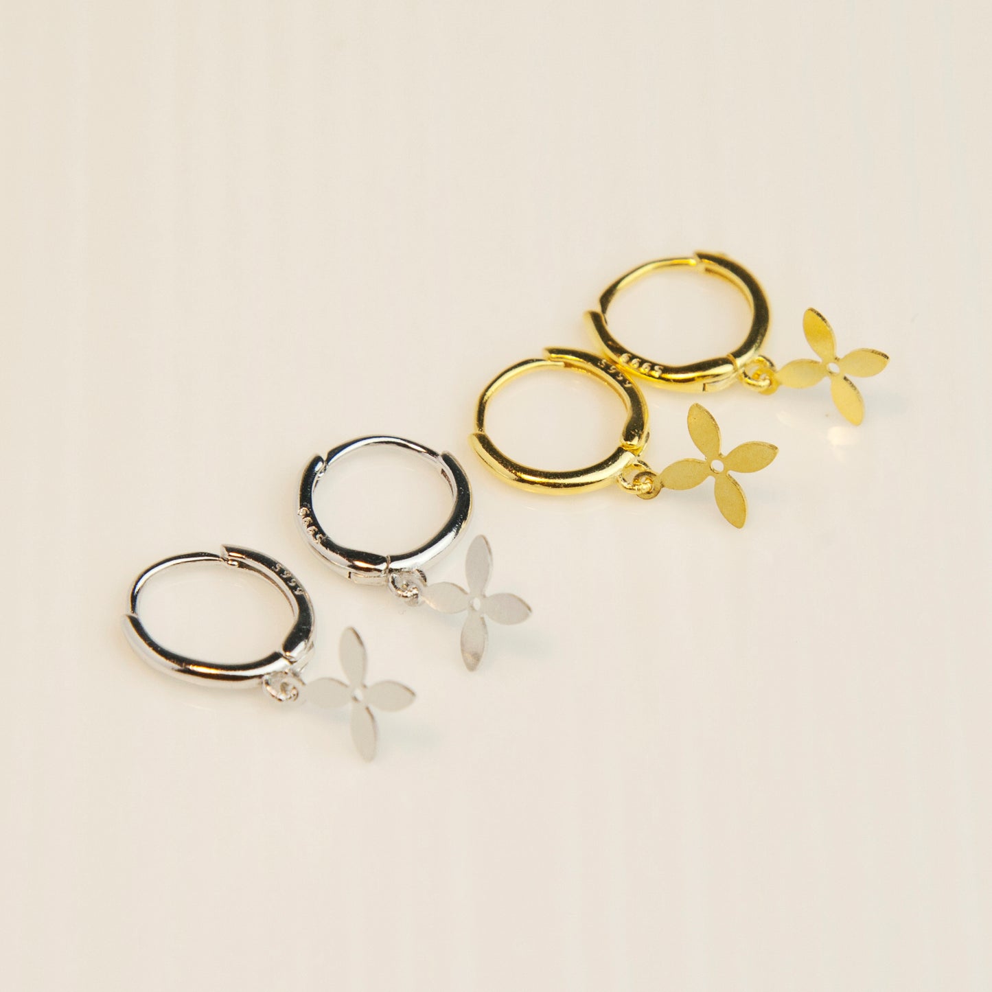 Sterling Silver Dangling Four Leaf Clover Huggie Hoop Earrings, Flower Drop Earrings in Gold and Silver, Clover Dangle Earring, Drop Huggies