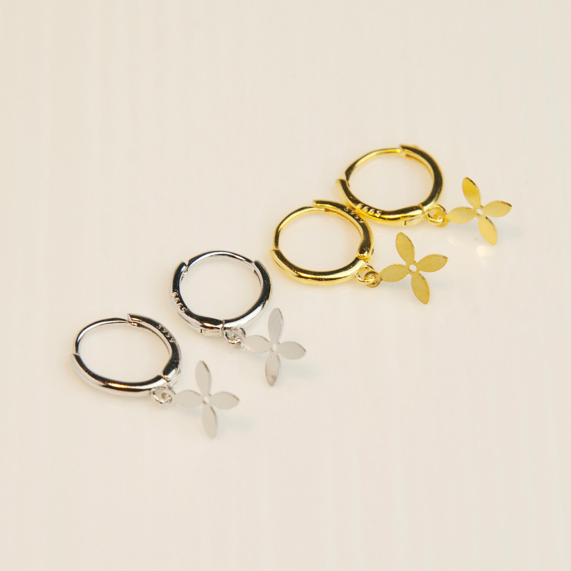 Sterling Silver Dangling Four Leaf Clover Huggie Hoop Earrings, Flower Drop Earrings in Gold and Silver, Clover Dangle Earring, Drop Huggies