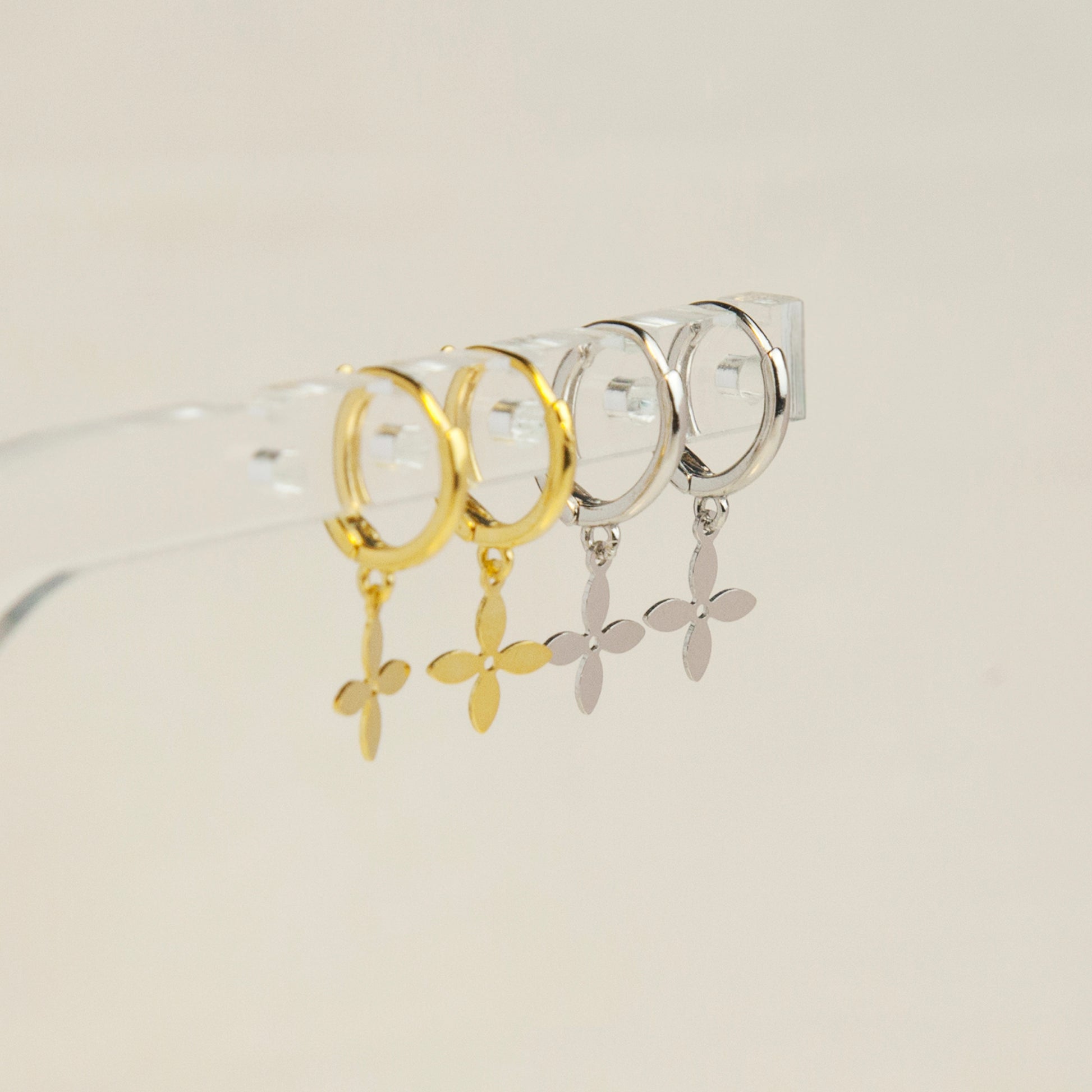 Sterling Silver Dangling Four Leaf Clover Huggie Hoop Earrings, Flower Drop Earrings in Gold and Silver, Clover Dangle Earring, Drop Huggies