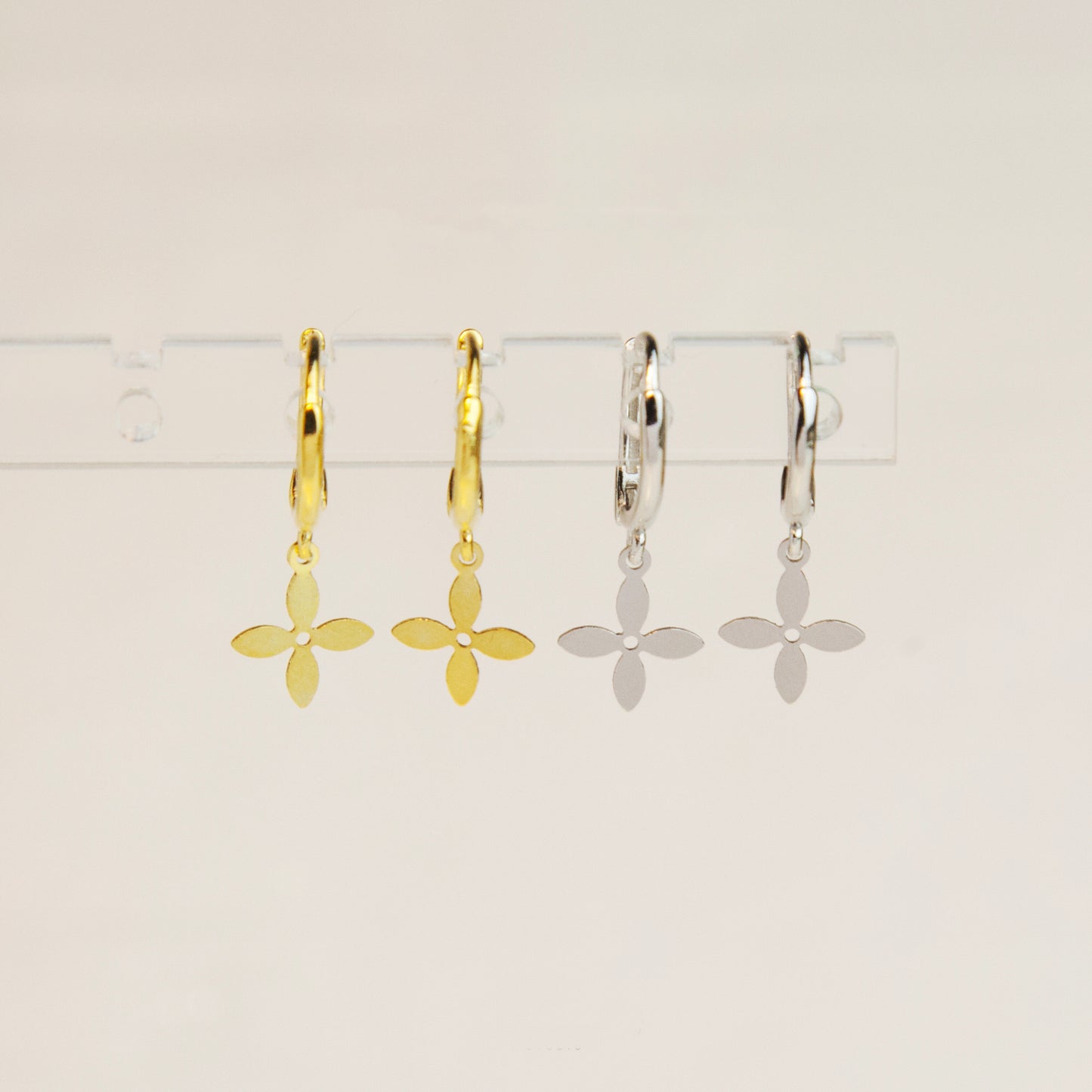 Sterling Silver Dangling Four Leaf Clover Huggie Hoop Earrings, Flower Drop Earrings in Gold and Silver, Clover Dangle Earring, Drop Huggies