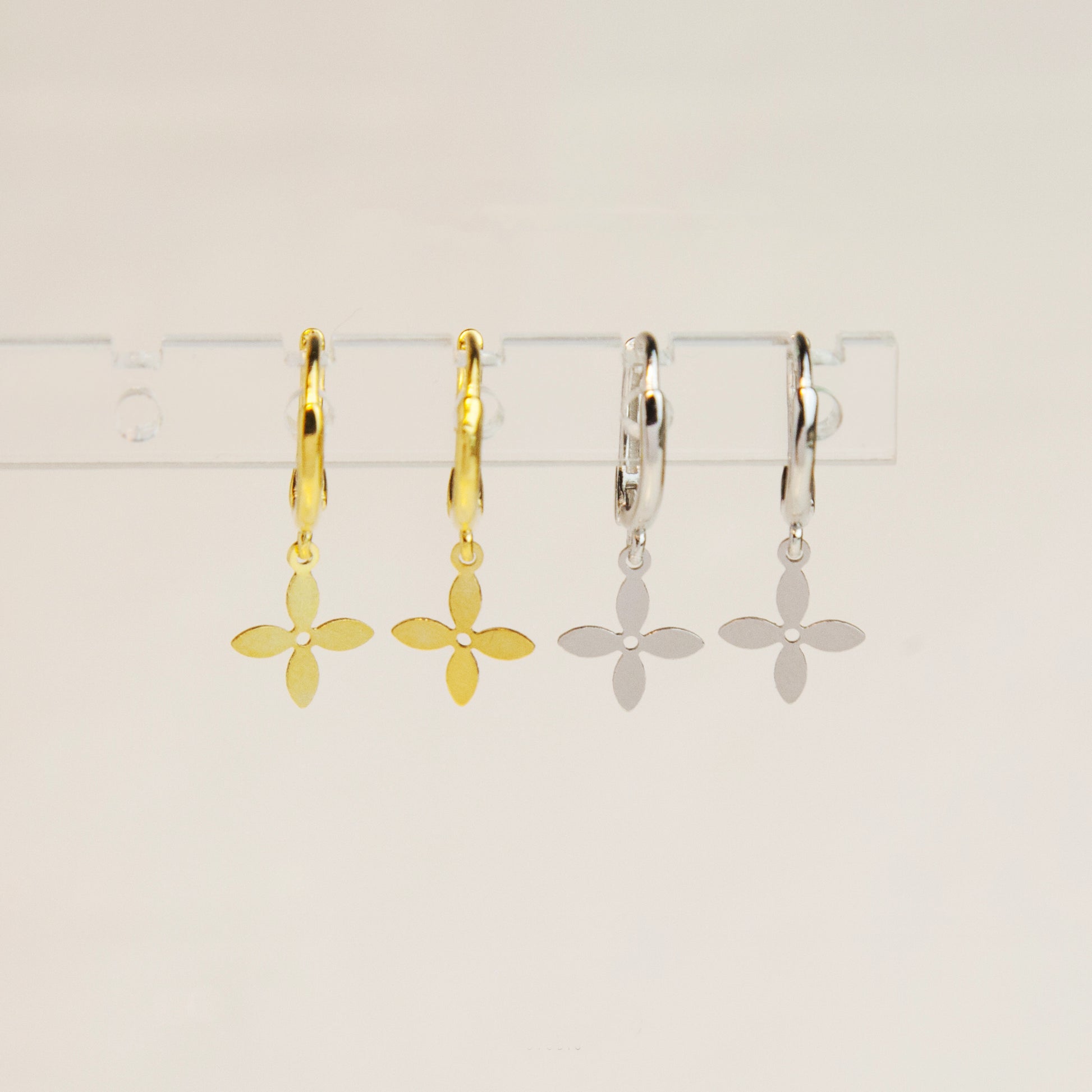 Sterling Silver Dangling Four Leaf Clover Huggie Hoop Earrings, Flower Drop Earrings in Gold and Silver, Clover Dangle Earring, Drop Huggies
