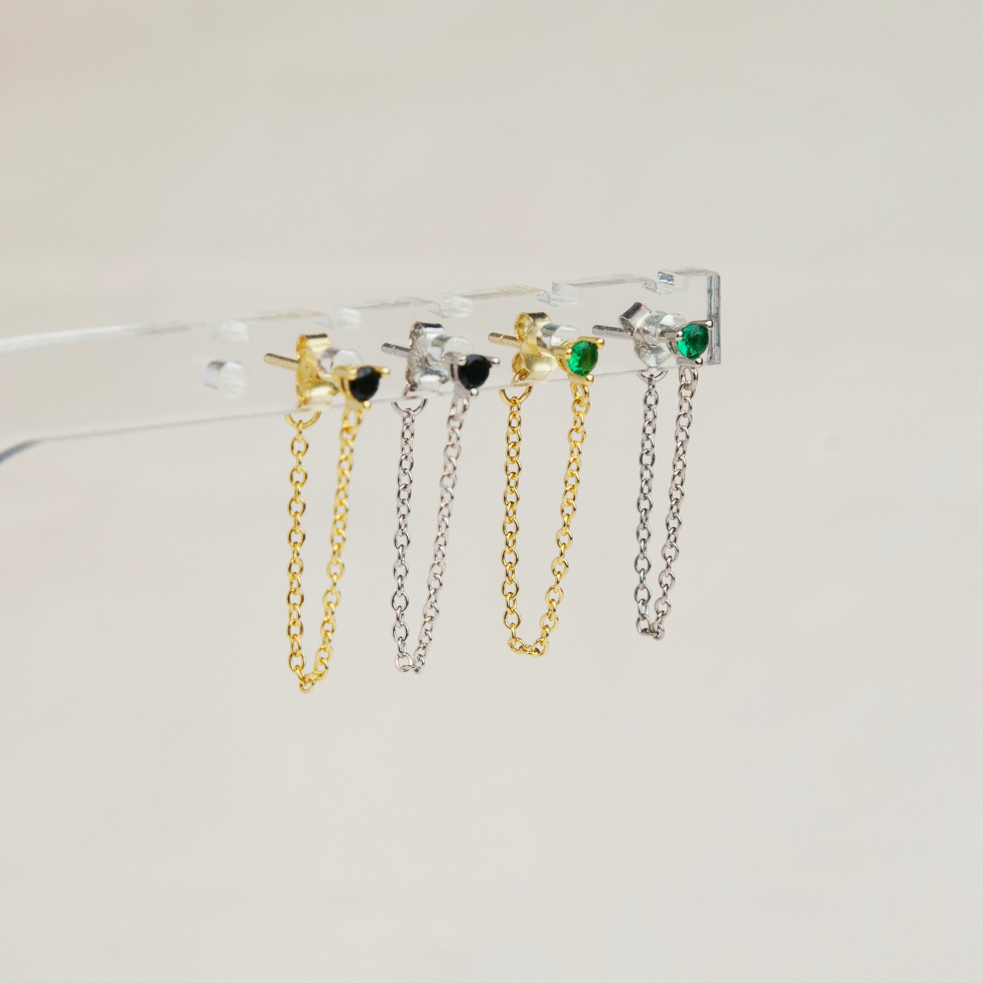 Sterling Silver Drop Chain Earring, CZ Stud with Chain, Dangle Hoop Chain Studs, Multiple Piercing Earring, Black or Green Stone Stacking