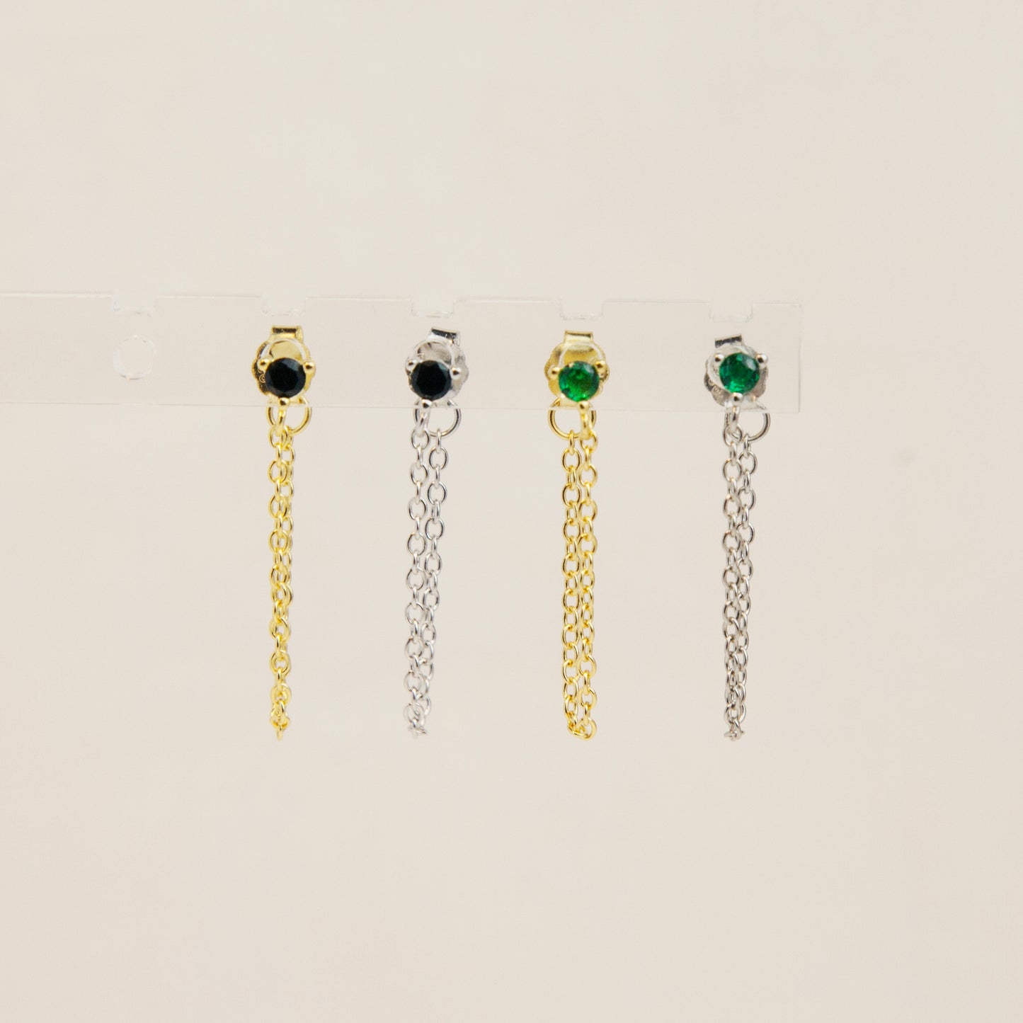 Sterling Silver Drop Chain Earring, CZ Stud with Chain, Dangle Hoop Chain Studs, Multiple Piercing Earring, Black or Green Stone Stacking