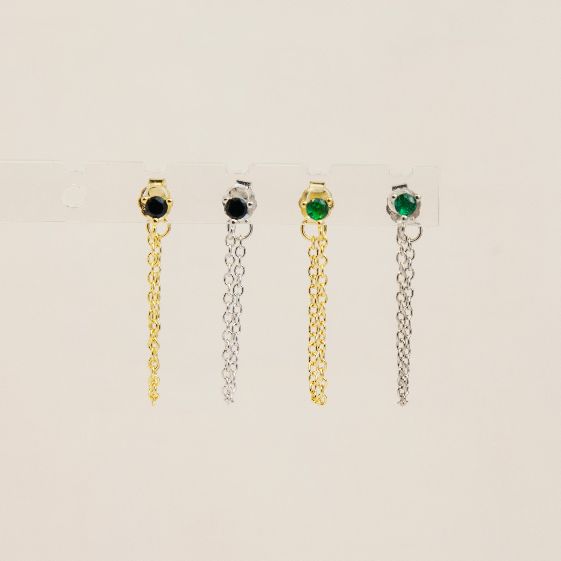 Sterling Silver Drop Chain Earring, CZ Stud with Chain, Dangle Hoop Chain Studs, Multiple Piercing Earring, Black or Green Stone Stacking
