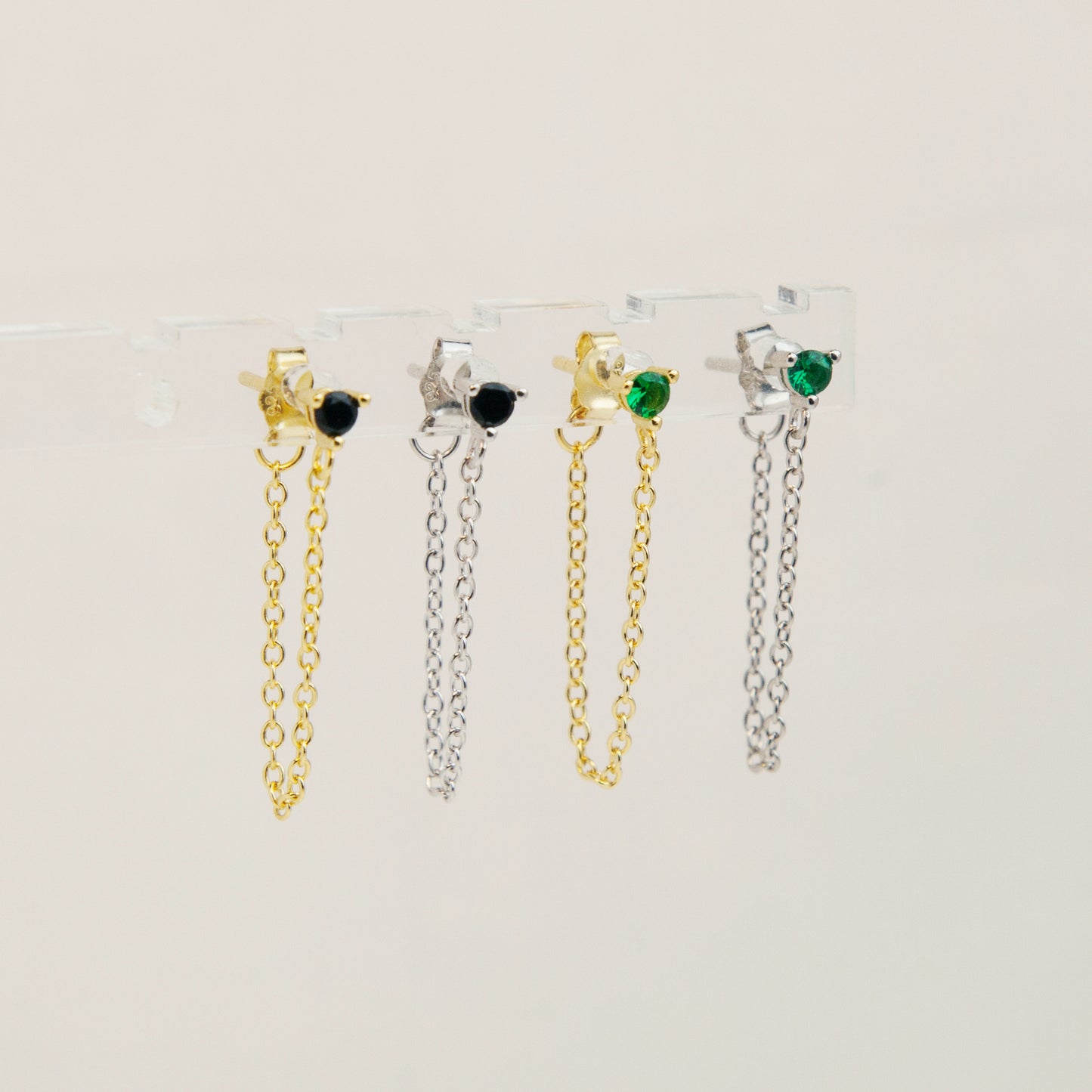 Sterling Silver Drop Chain Earring, CZ Stud with Chain, Dangle Hoop Chain Studs, Multiple Piercing Earring, Black or Green Stone Stacking