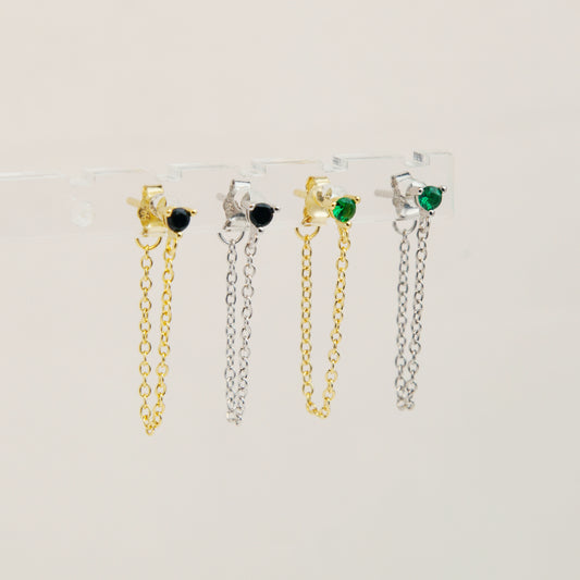 Sterling Silver Drop Chain Earring, CZ Stud with Chain, Dangle Hoop Chain Studs, Multiple Piercing Earring, Black or Green Stone Stacking