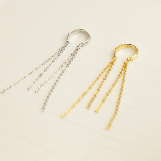 Sterling Silver Long Chain Earring Ear Cuff, Silver Wrap Cuff Earrings, Tassel Ear Cuff, Piercing Free Chain Earrings, Silver Wrap Earrings