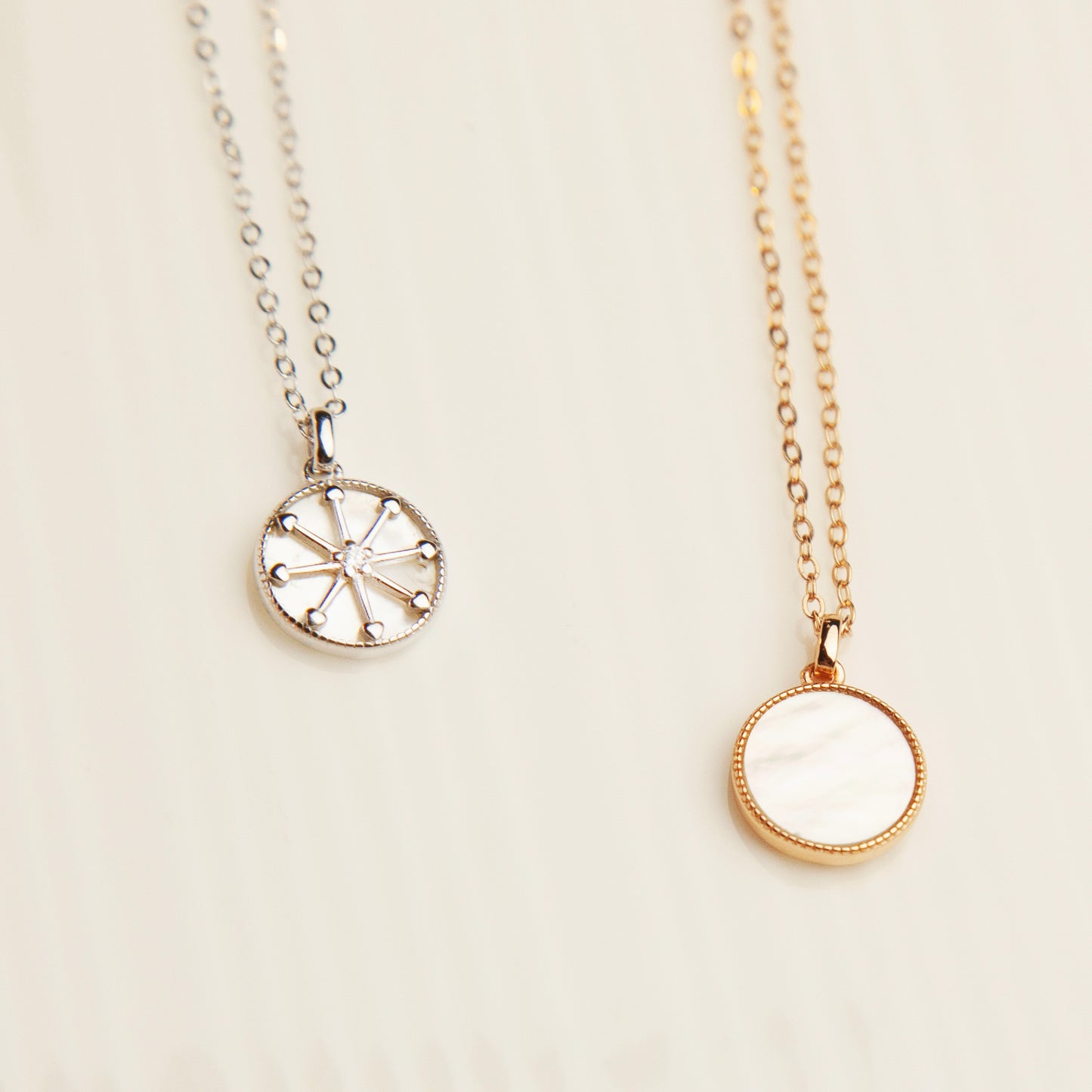 Sterling Silver North Star Compass Necklace, Silver North Star Pendant Necklace, Rose Gold Mother Of Pearl Round Pendant Necklace