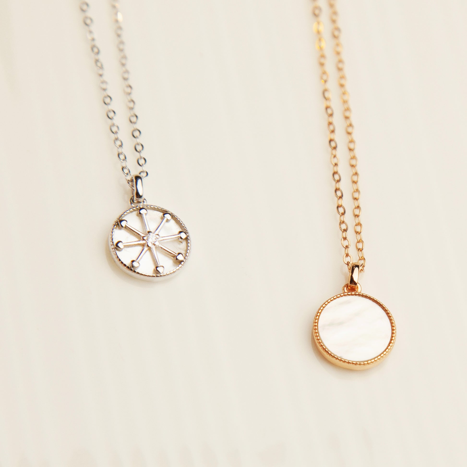 Sterling Silver North Star Compass Necklace, Silver North Star Pendant Necklace, Rose Gold Mother Of Pearl Round Pendant Necklace