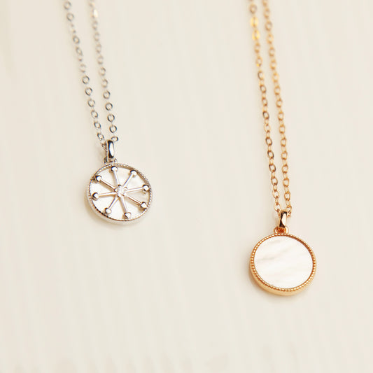 Sterling Silver North Star Compass Necklace, Silver North Star Pendant Necklace, Rose Gold Mother Of Pearl Round Pendant Necklace