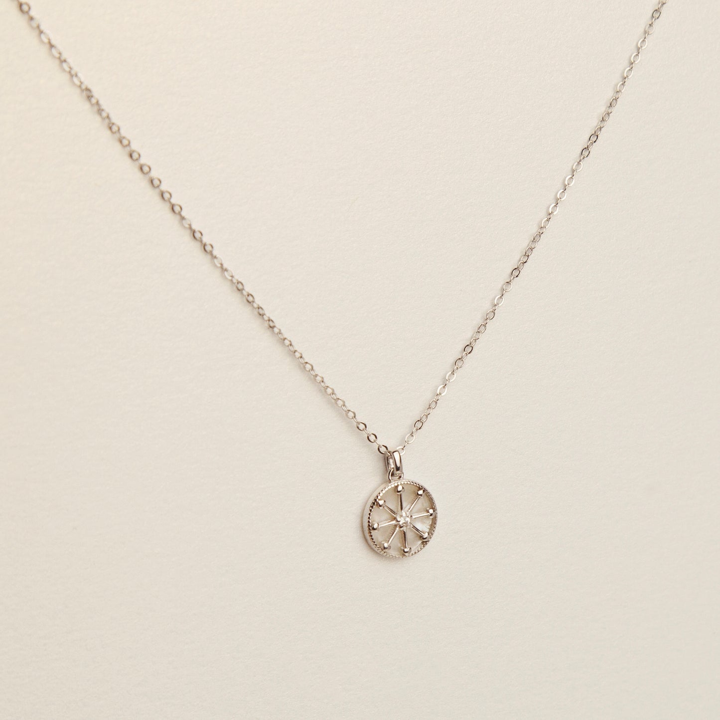 Sterling Silver North Star Compass Necklace, Silver North Star Pendant Necklace, Rose Gold Mother Of Pearl Round Pendant Necklace