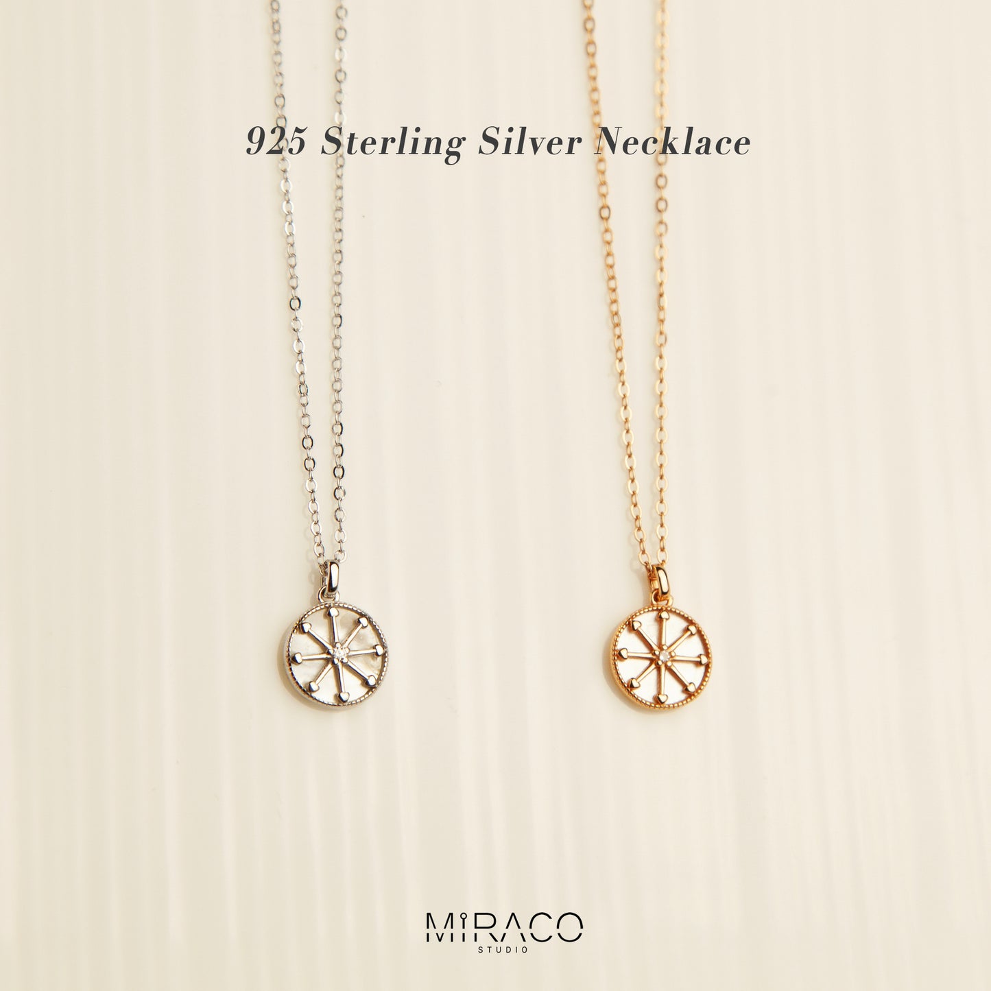 Sterling Silver North Star Compass Necklace, Silver North Star Pendant Necklace, Rose Gold Mother Of Pearl Round Pendant Necklace
