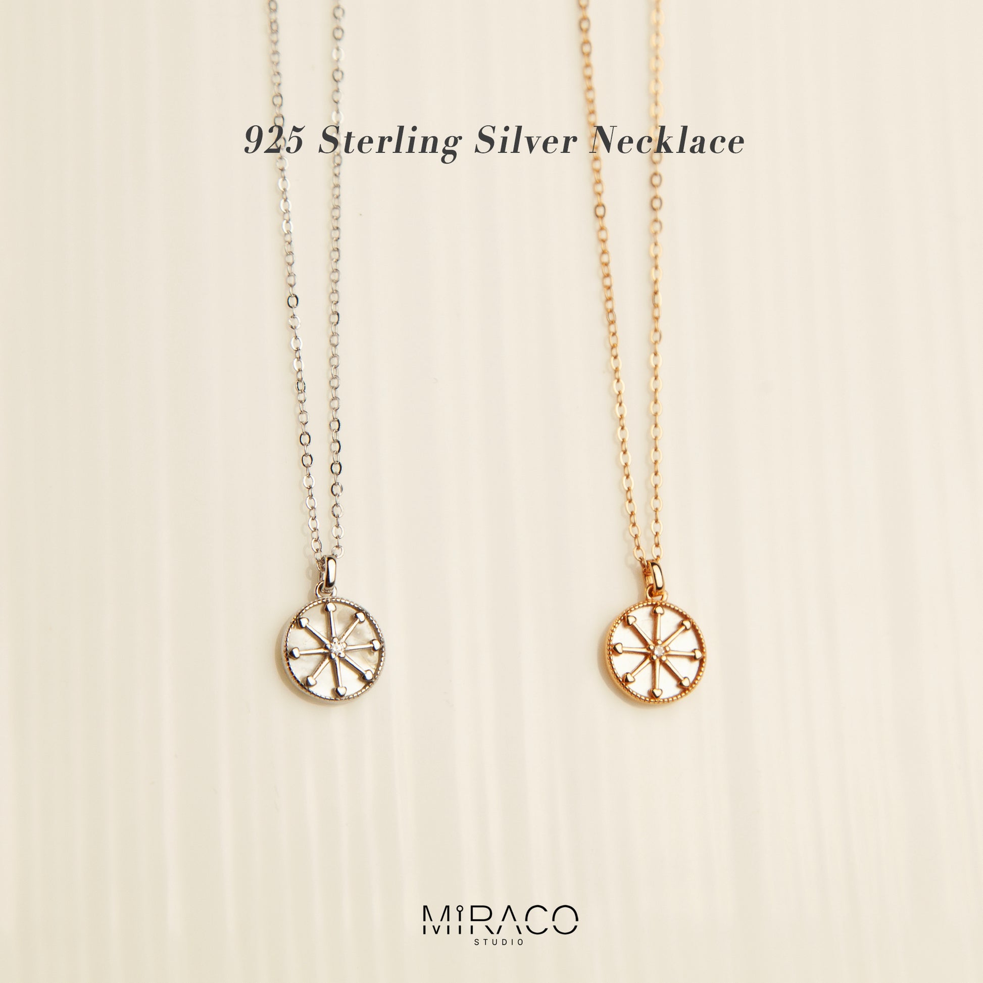 Sterling Silver North Star Compass Necklace, Silver North Star Pendant Necklace, Rose Gold Mother Of Pearl Round Pendant Necklace