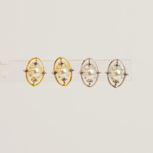 Sterling Silver Pearls Stud Earrings, White Pearl Oval Studs Earring, Dainty Crystal Hollowed-Out Earrings, Bridal Silver Retro Style Studs