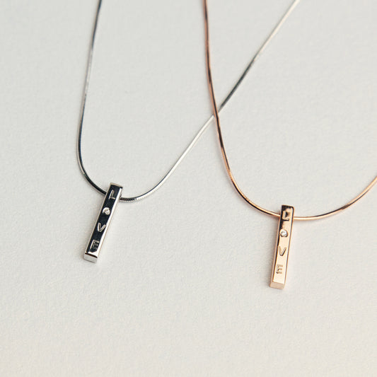 Sterling Silver Vertical Bar Necklace, Silver Minimalist Snake Chain Adjustable Choker Necklace, Rose Gold Plated Love Cube Pendant Necklace