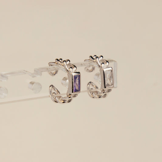 Sterling Sliver Crystal Tiny Chain Ear Cuff, Skinny Modern Minimalist Ear Cuff, Clear Purple Crystal Rectangle Stone, Piercing Free Earrings