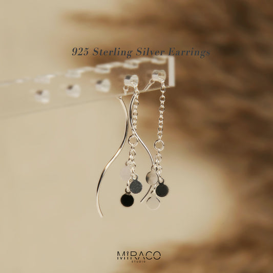 Sterling Sliver Minimalist Ear Wire Chain Threader Earrings, Spiral Wave Threaders, Spiral Earrings, Chain Threaders, Delicate Long Chain Disk Earrings