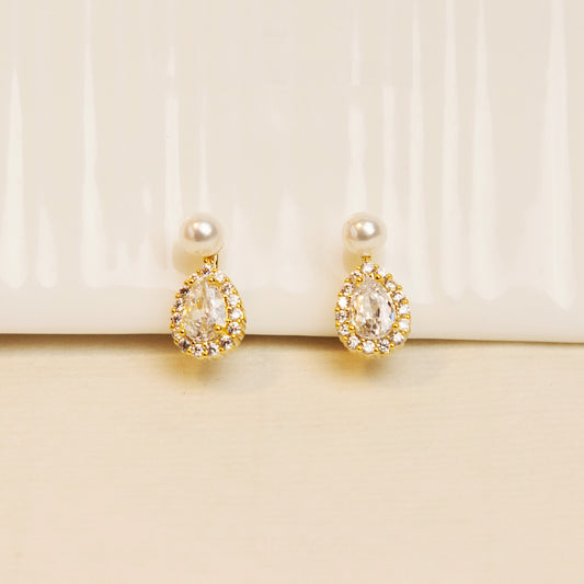 Teardrop Diamond Earrings with Small Faux Pearls, Gold Plated CZ Stud Earrings, Gemstone Stud Earrings, Non Pierced Clip On Earrings