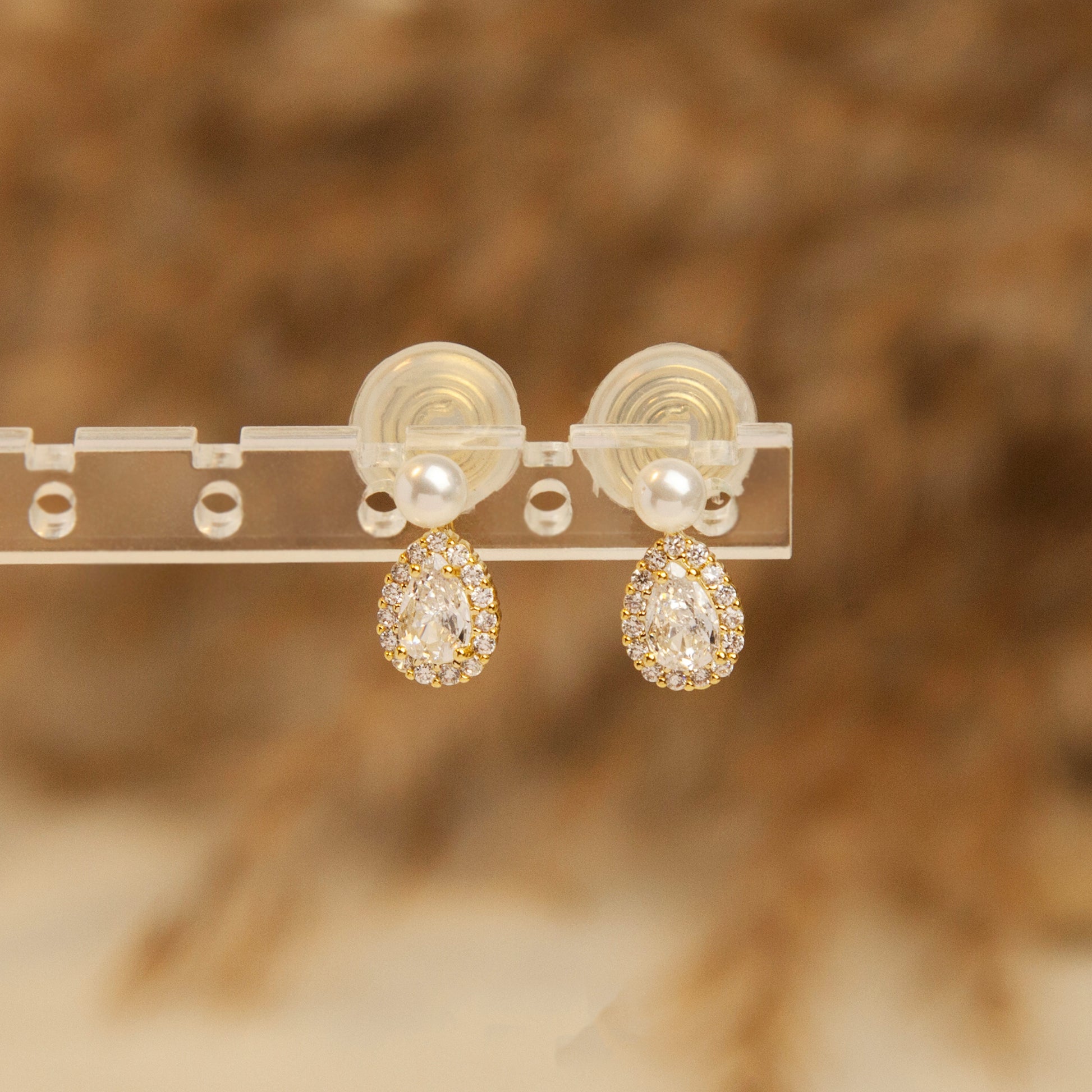 Teardrop Diamond Earrings with Small Faux Pearls, Gold Plated CZ Stud Earrings, Gemstone Stud Earrings, Non Pierced Clip On Earrings