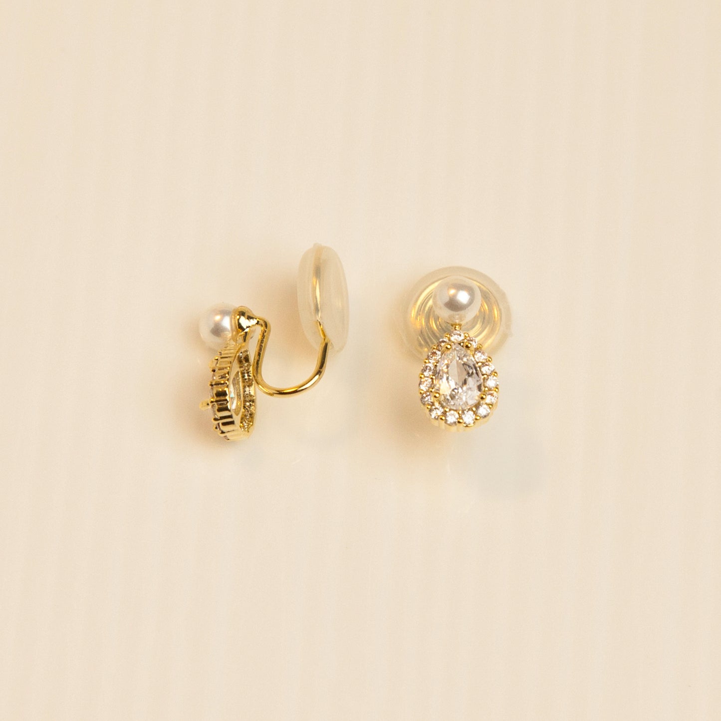Teardrop Diamond Earrings with Small Faux Pearls, Gold Plated CZ Stud Earrings, Gemstone Stud Earrings, Non Pierced Clip On Earrings