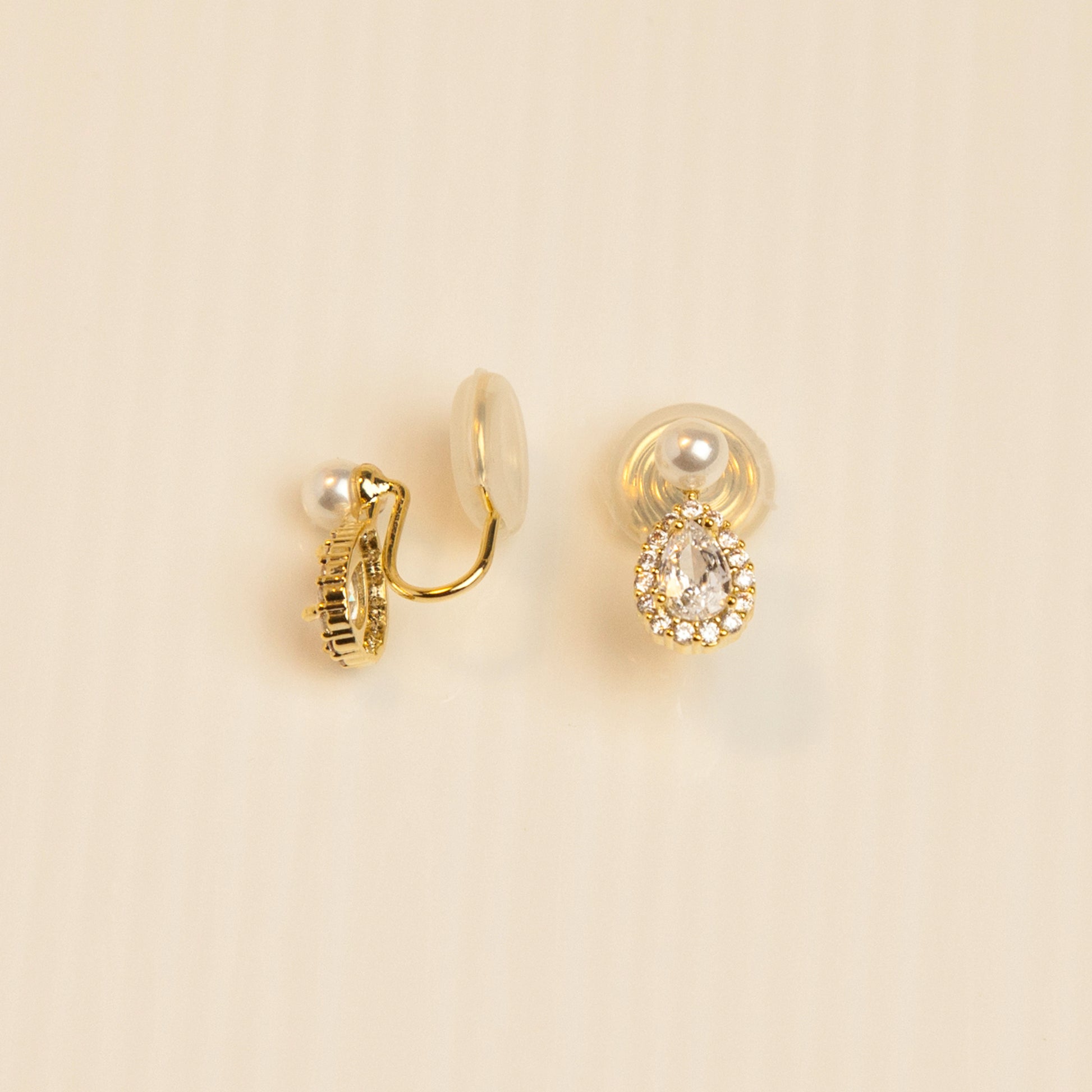 Teardrop Diamond Earrings with Small Faux Pearls, Gold Plated CZ Stud Earrings, Gemstone Stud Earrings, Non Pierced Clip On Earrings