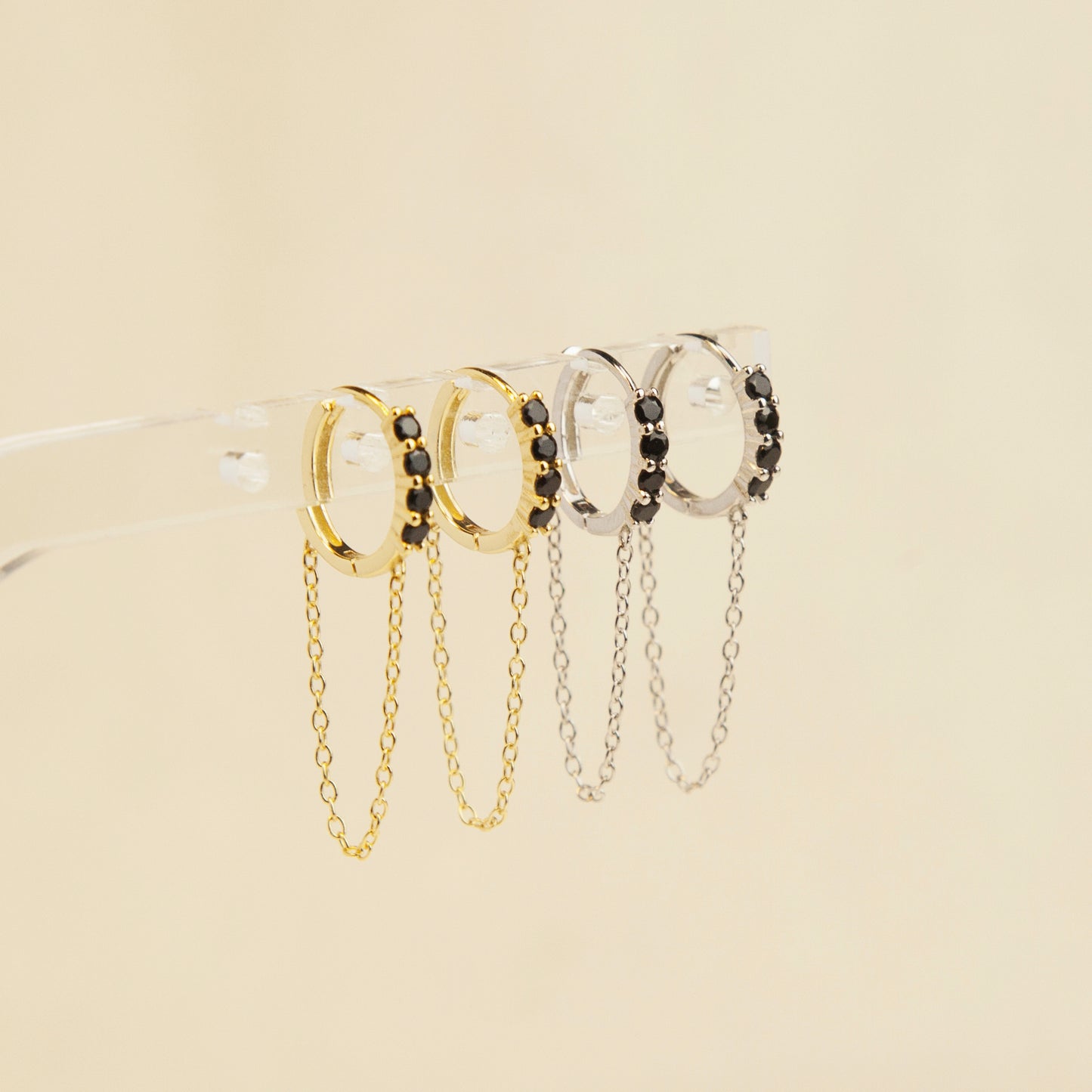 Trendy Gemstone Huggie Hoops with Chian, Sterling Silver Earrings, Sparkly CZ Crystal Hoops Chain Tassel Earring, Gold Chain Hoops, Chain Huggie Hoop Earrings, Dangle Chain Hoops, Dangle Hoop