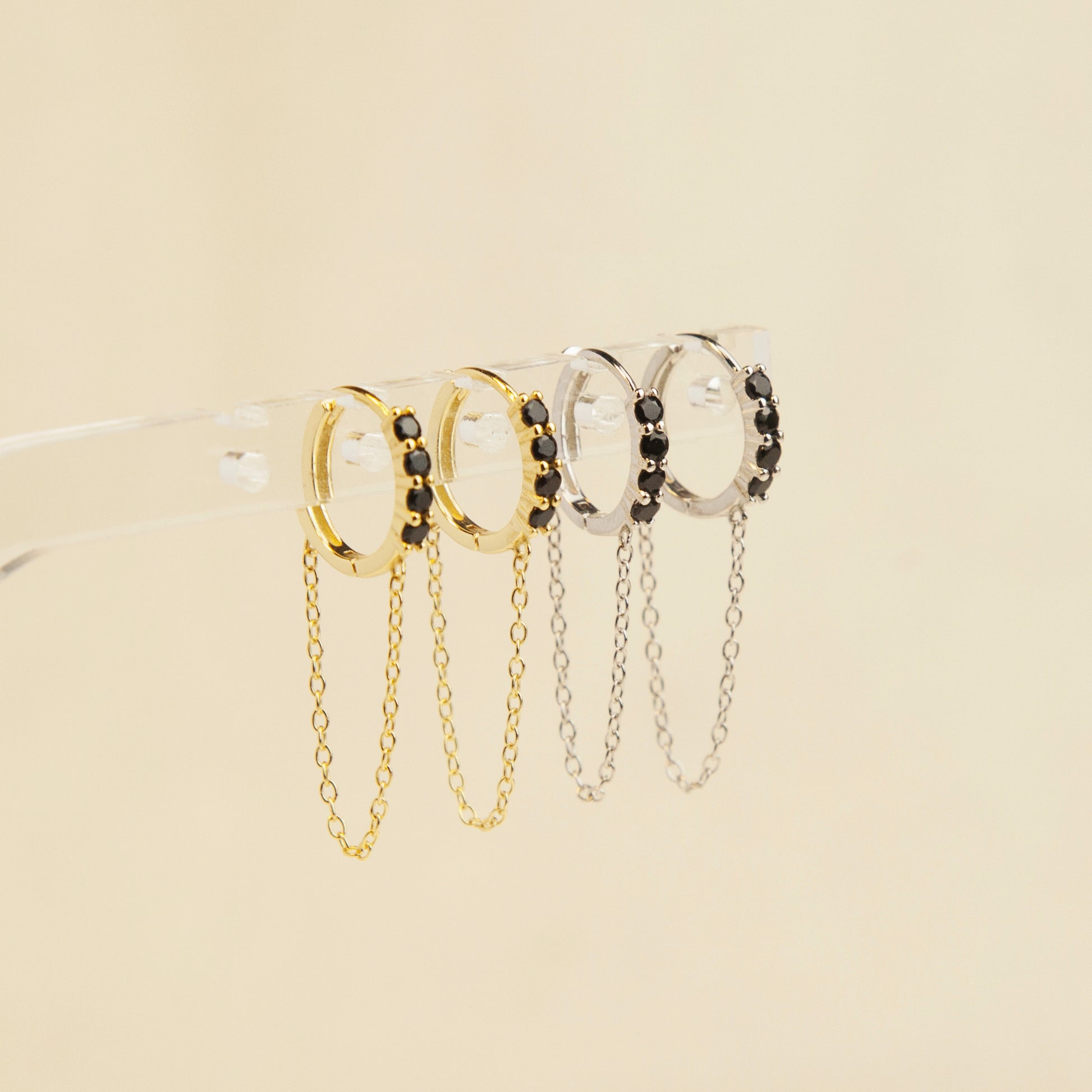 Trendy Gemstone Huggie Hoops with Chian, Sterling Silver Earrings, Sparkly CZ Crystal Hoops Chain Tassel Earring, Gold Chain Hoops, Chain Huggie Hoop Earrings, Dangle Chain Hoops, Dangle Hoop