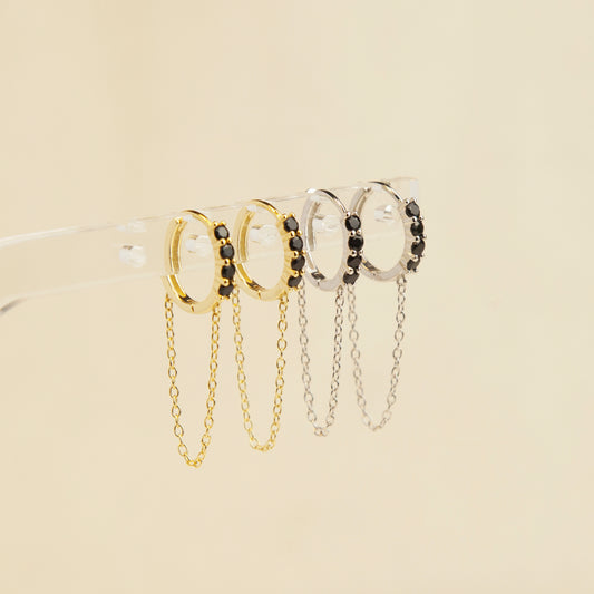 Trendy Gemstone Huggie Hoops with Chian, Sterling Silver Earrings, Sparkly CZ Crystal Hoops Chain Tassel Earring, Gold Chain Hoops, Chain Huggie Hoop Earrings, Dangle Chain Hoops, Dangle Hoop