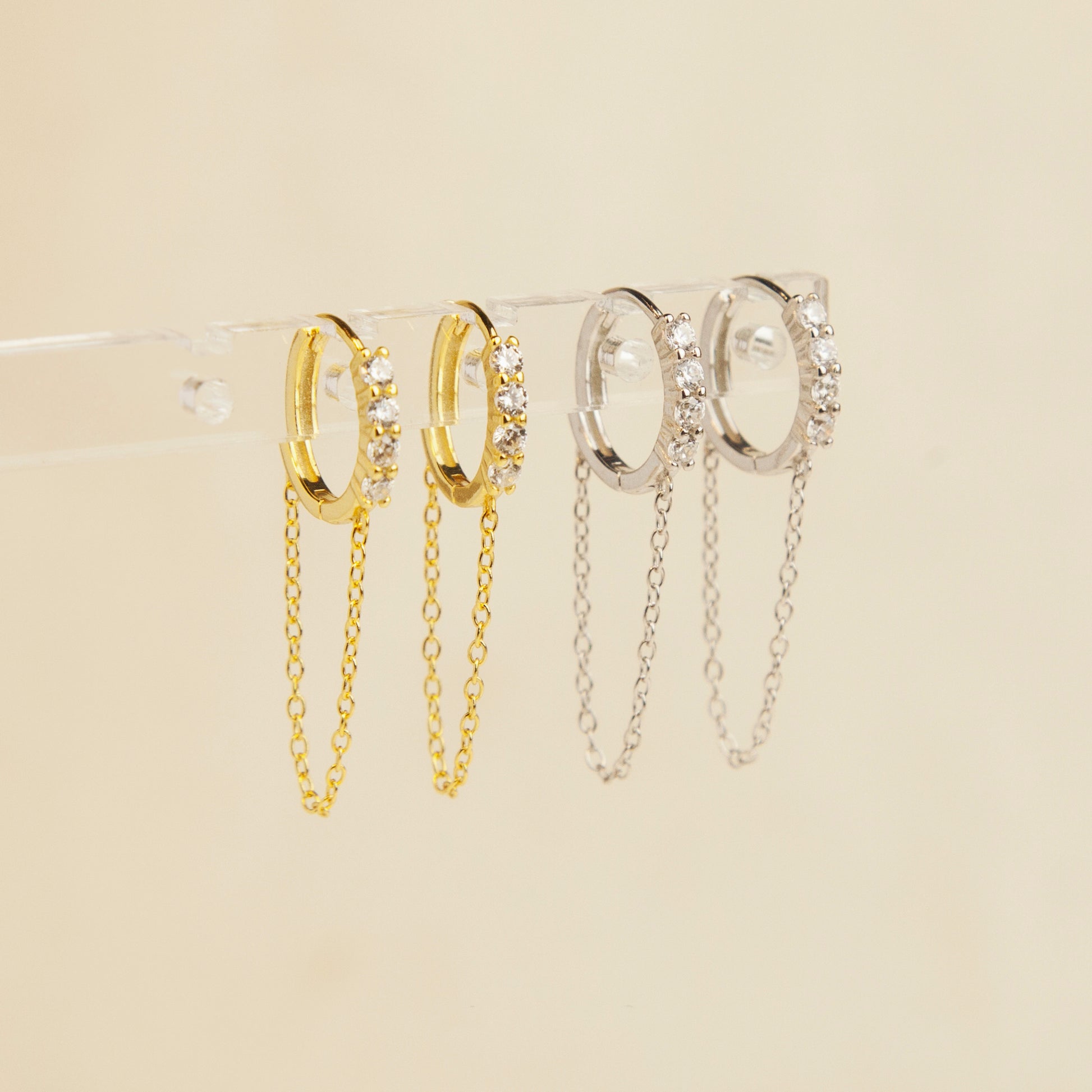 Trendy Gemstone Huggie Hoops with Chian, Sterling Silver Earrings, Sparkly CZ Crystal Hoops Chain Tassel Earring, Gold Chain Hoops, Chain Huggie Hoop Earrings, Dangle Chain Hoops, Dangle Hoop