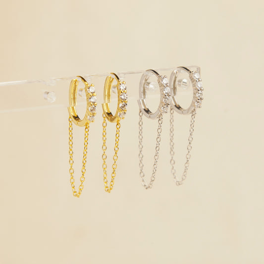 Trendy Gemstone Huggie Hoops with Chian, Sterling Silver Earrings, Sparkly CZ Crystal Hoops Chain Tassel Earring, Gold Chain Hoops, Chain Huggie Hoop Earrings, Dangle Chain Hoops, Dangle Hoop