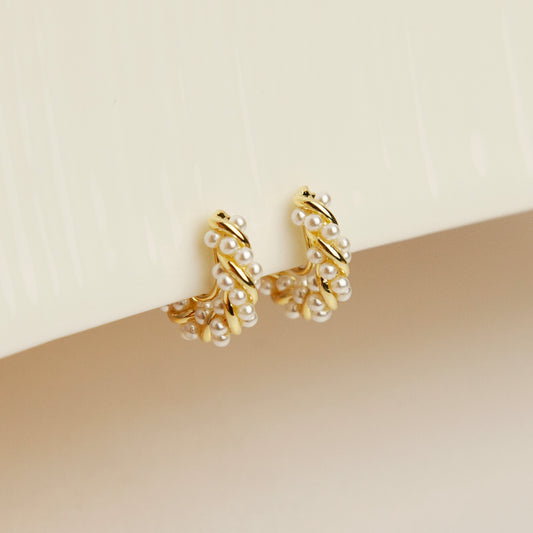 Twisted Pearls Hoop Earrings, Elegant Clip On Small Pearls Huggie Earrings, Cream White Huggie Hoops, No Piercing Earring