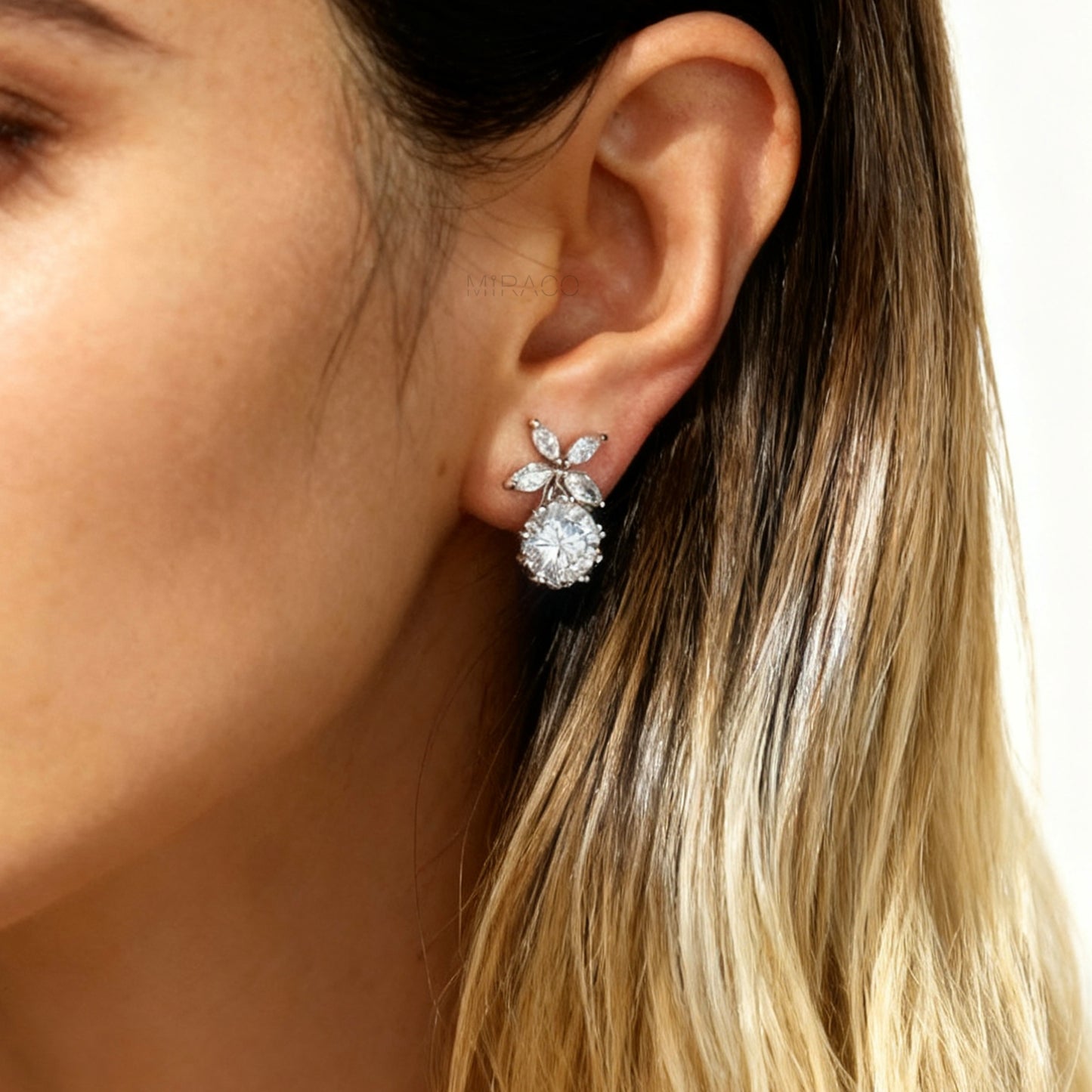 Flower Crystal Clip On Dangle Earrings, Silver Leaf Diamond Earrings, Non Pierced Plant Earrings