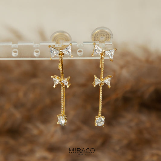 Gold Bow Dangle Clip-On Earrings with CZ Crystals