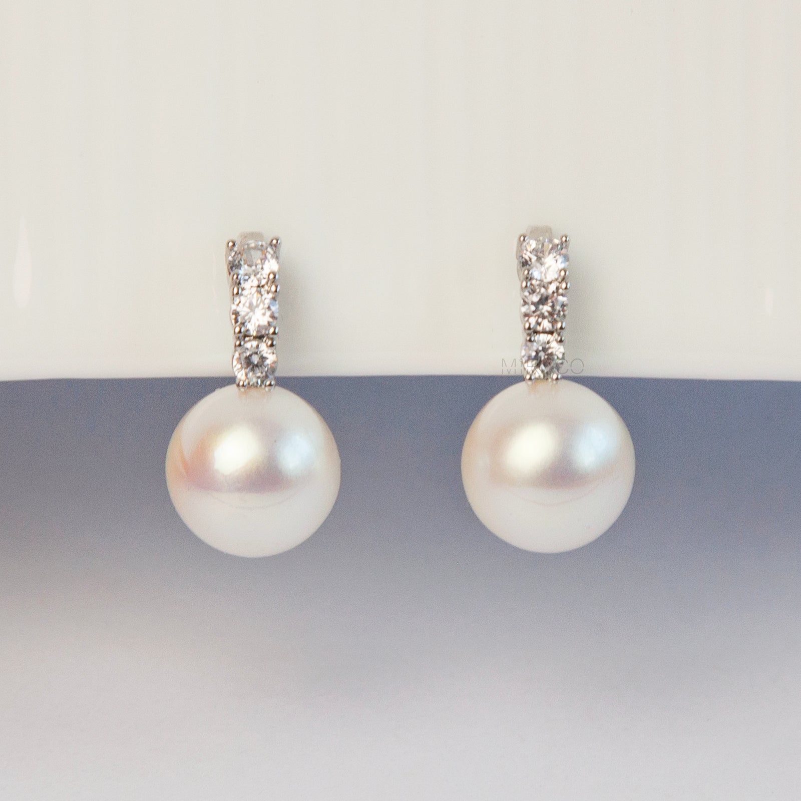 Clip On Pearl Earrings with Silver Pave Crystals