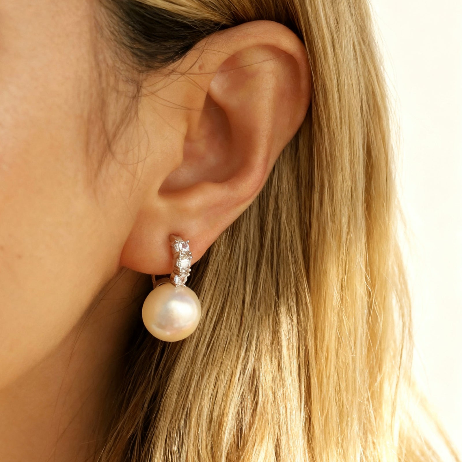 Clip On Pearl Earrings with Silver Pave Crystals