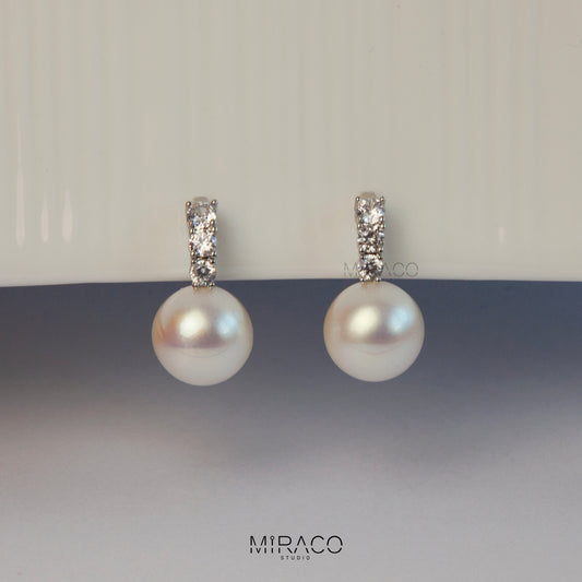Clip On Pearl Earrings with Silver Pave Crystals