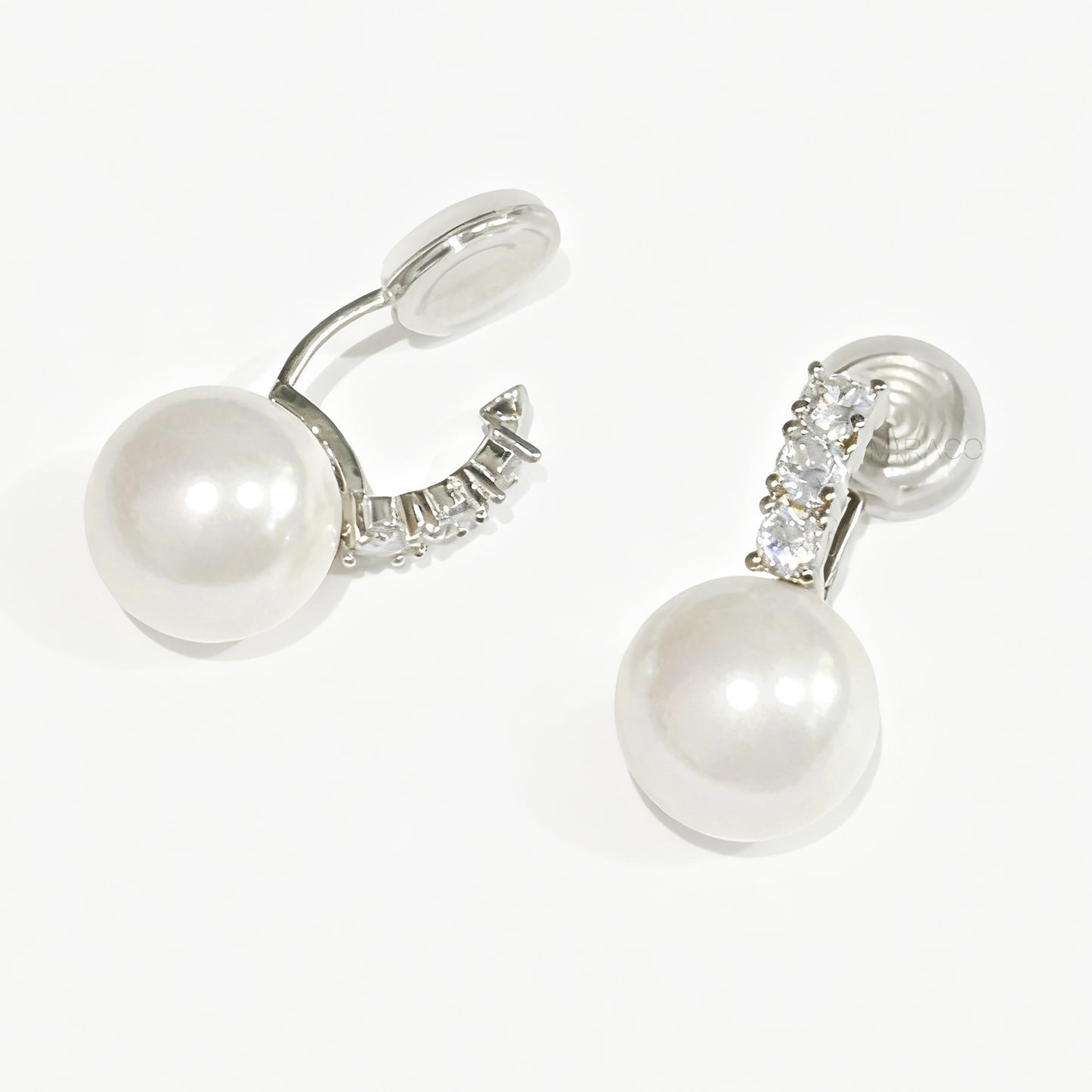 Clip On Pearl Earrings with Silver Pave Crystals