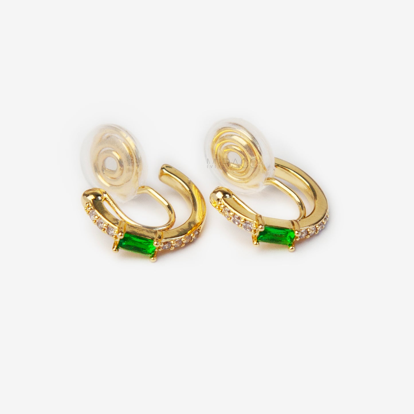 Clip On Huggie Earrings with Small Green Gemstone, Small Gold Hoop Earrings, Clip On Hoop Earrings, Clip On Earrings for Women
