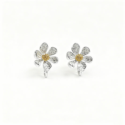 Daisy Stud Clip On Earrings, Silver Flower Textured Floral Studs