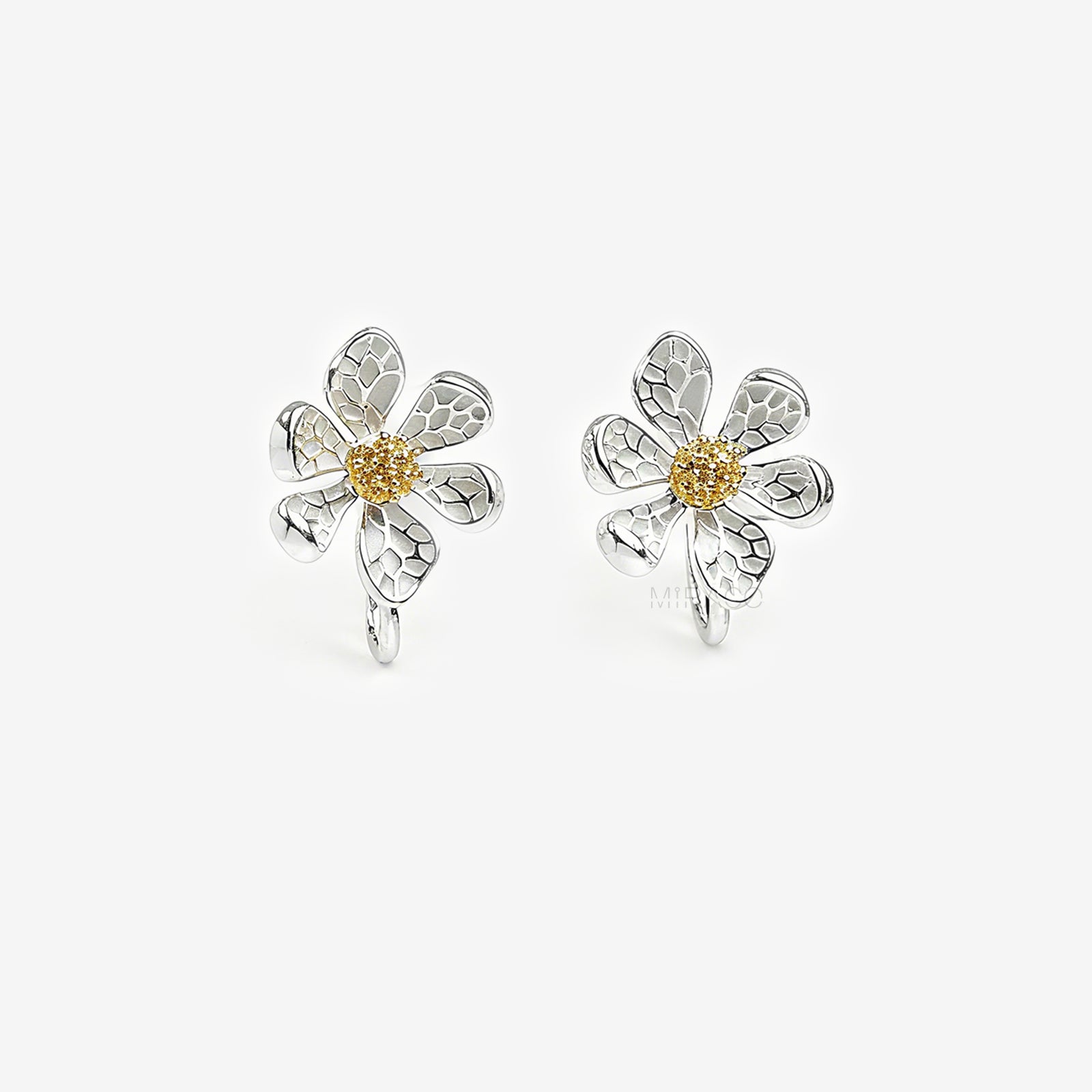 Daisy Stud Clip On Earrings, Silver Flower Textured Floral Studs