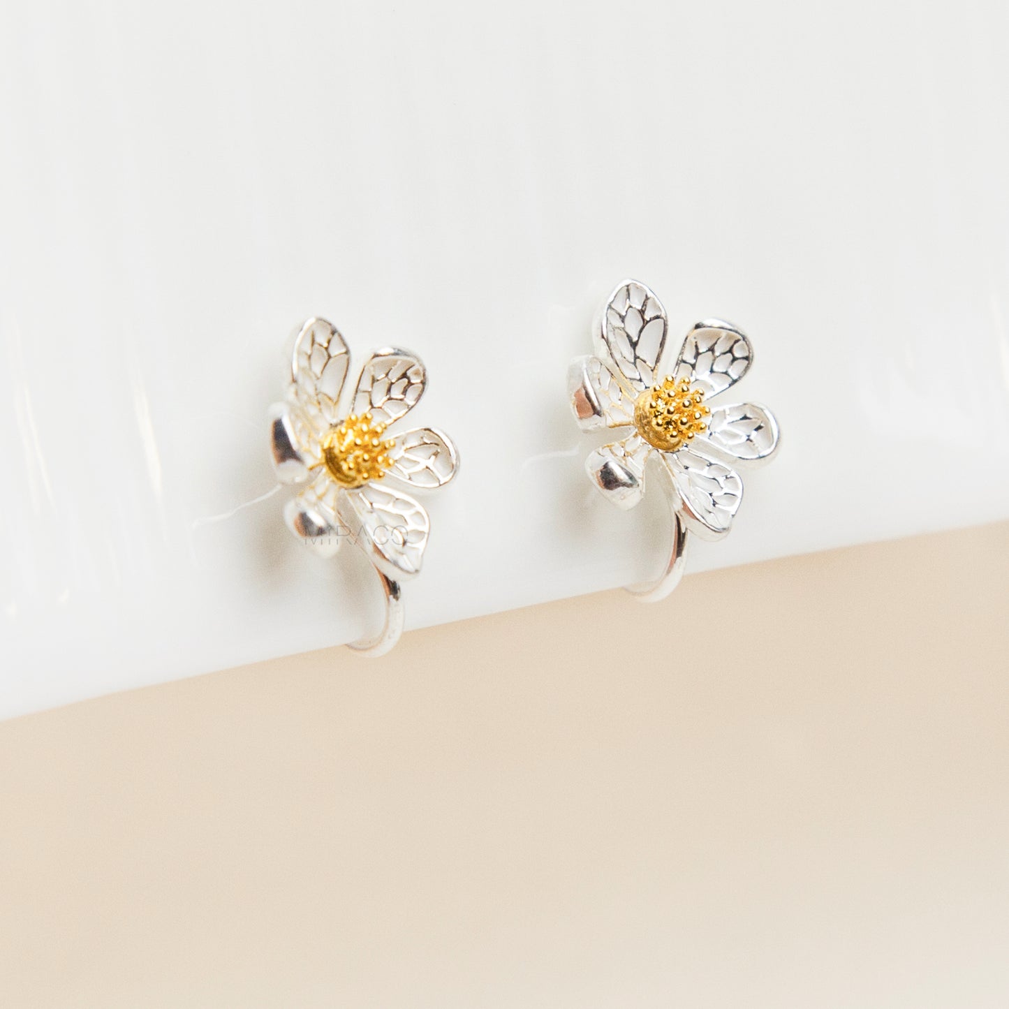 Daisy Stud Clip On Earrings, Silver Flower Textured Floral Studs