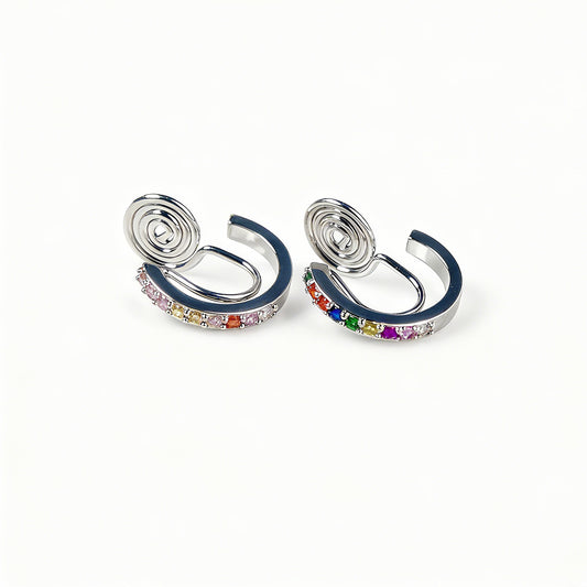 Rainbow Stones Clip On Huggie Earrings